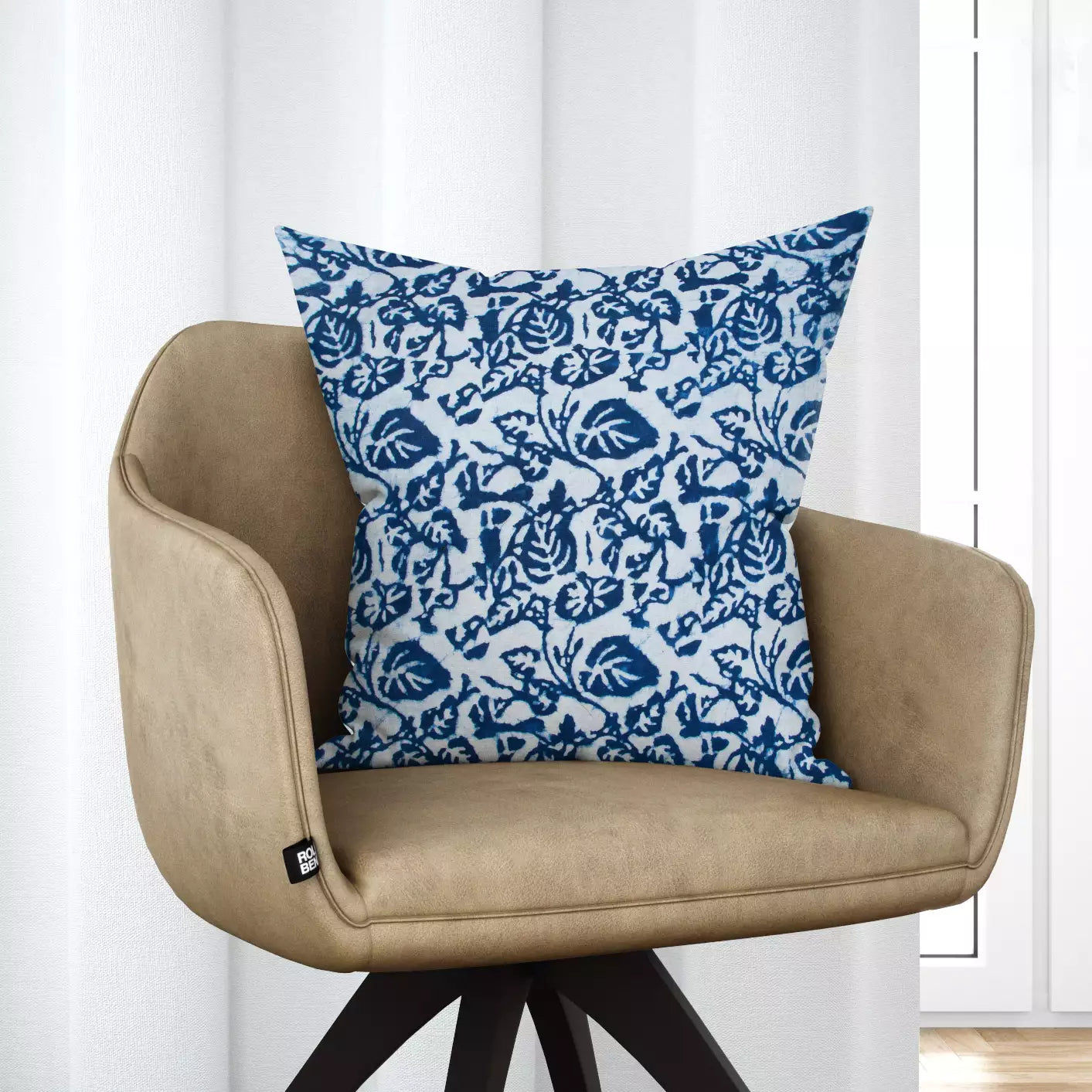Hand Block Indigo Leaf Printed Pure Cotton Soft Cushion Cover